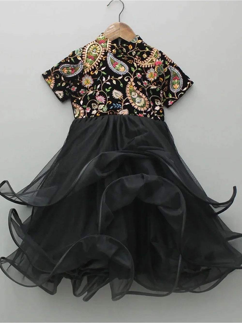 Girls Black Paisley Embroidered Tulle Party Dress